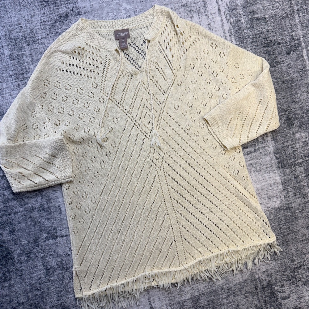Chicos Sweater Womens Large 2 Beige Open Knit Tunic Tassel Fringe‎ Boho Coverup